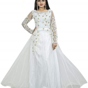 Net Embroidery Semi-Stitched White Gown